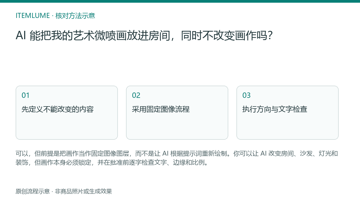 核对流程示意：AI 能把我的艺术微喷画放进房间，同时不改变画作吗？