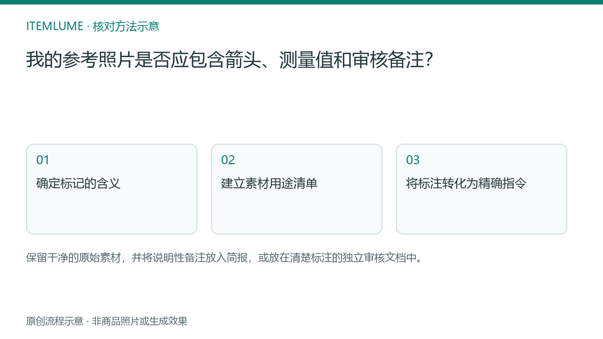 核对流程示意：我的参考照片是否应包含箭头、测量值和审核备注？