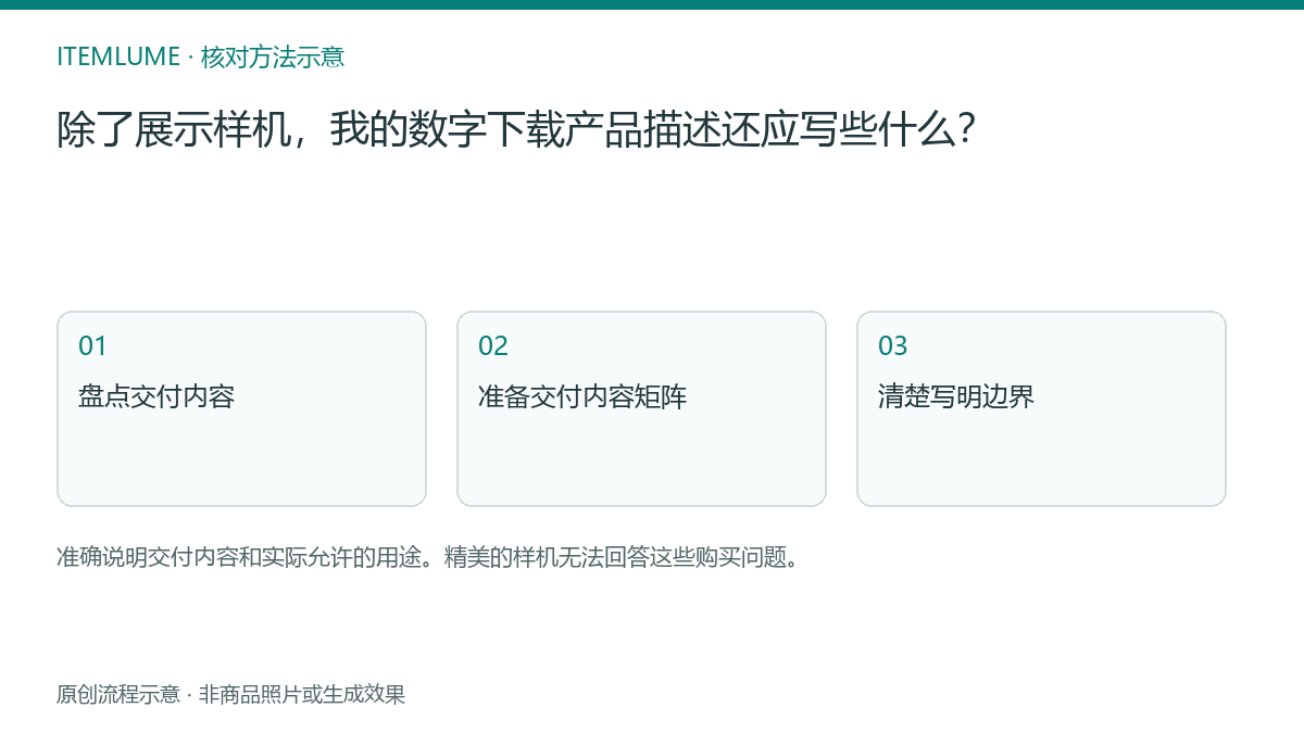 核对流程示意：除了展示样机，我的数字下载产品描述还应写些什么？