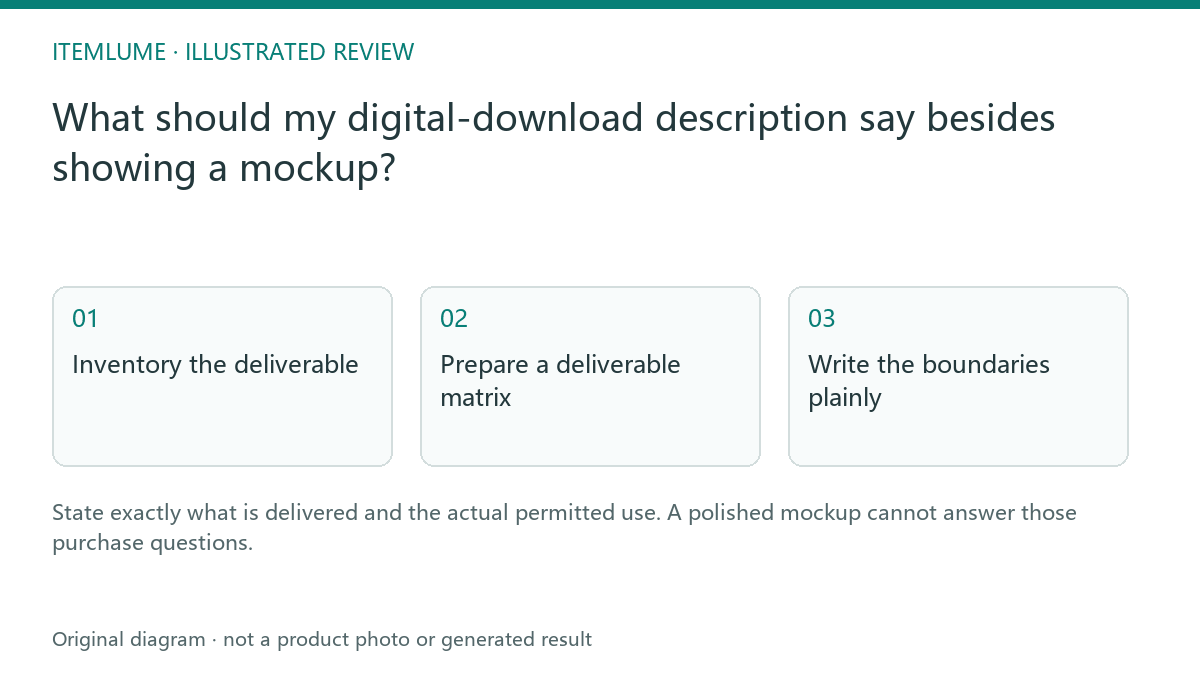 Illustrated review route: What should my digital-download description say besides showing a mockup?