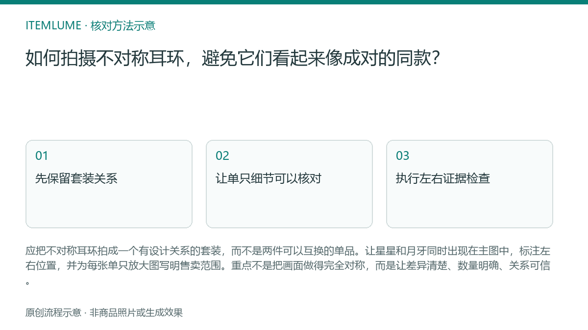核对流程示意：如何拍摄不对称耳环，避免它们看起来像成对的同款？