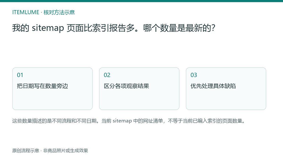 核对流程示意：我的 sitemap 页面比索引报告多。哪个数量是最新的？