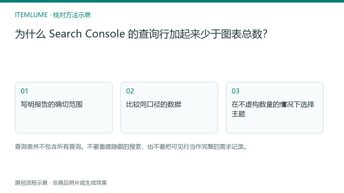 核对流程示意:为什么 Search Console 的查询行加起来少于图表总数?