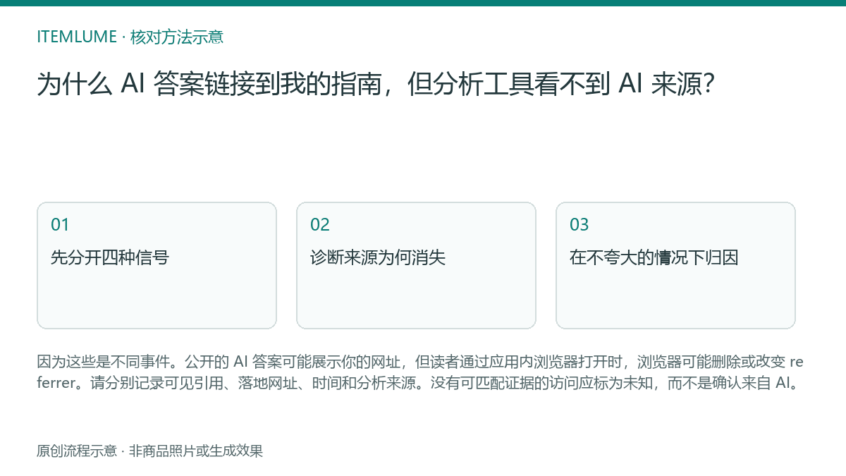 核对流程示意：为什么 AI 答案链接到我的指南，但分析工具看不到 AI 来源？