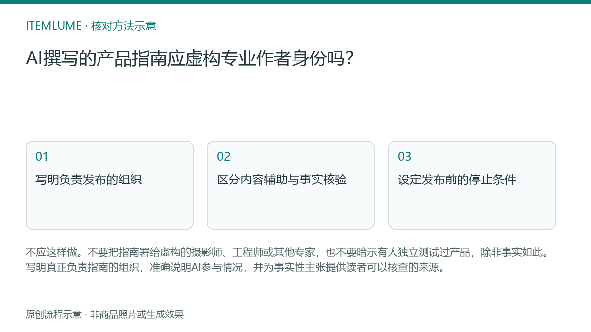 核对流程示意：AI撰写的产品指南应虚构专业作者身份吗？