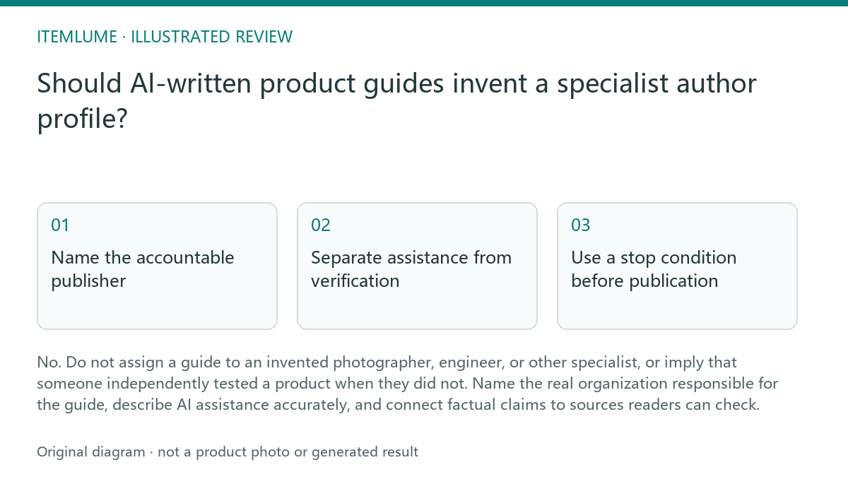 Illustrated review route: Should AI-written product guides invent a specialist author profile?