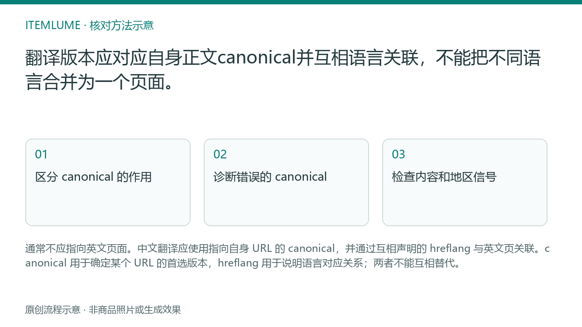 核对流程示意:翻译版本应对应自身正文canonical并互相语言关联,不能把不同语言合并为一个页面。
