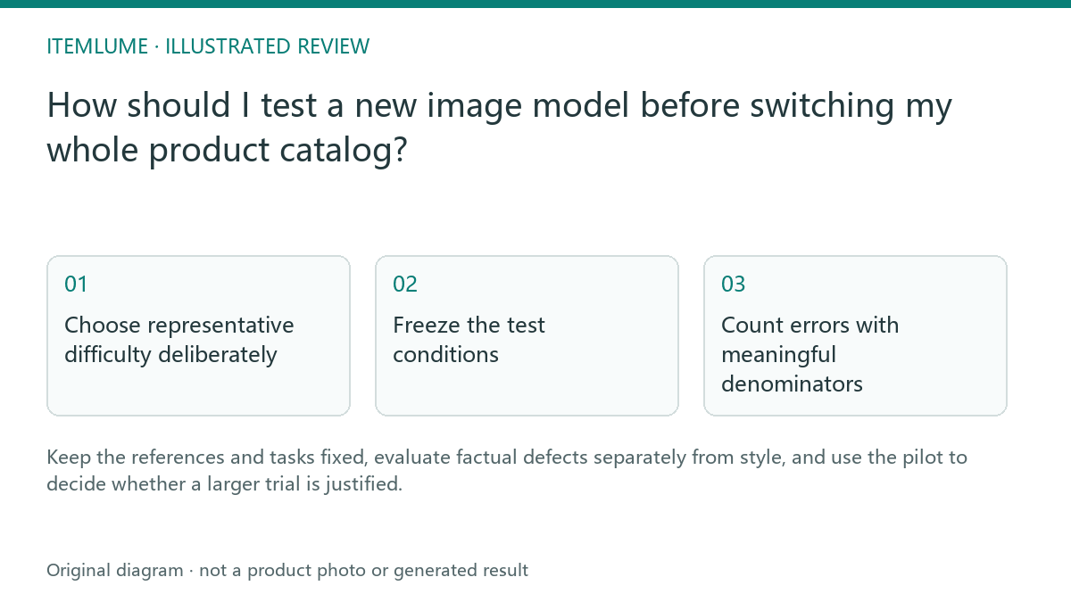 Illustrated review route: How should I test a new image model before switching my whole product catalog?