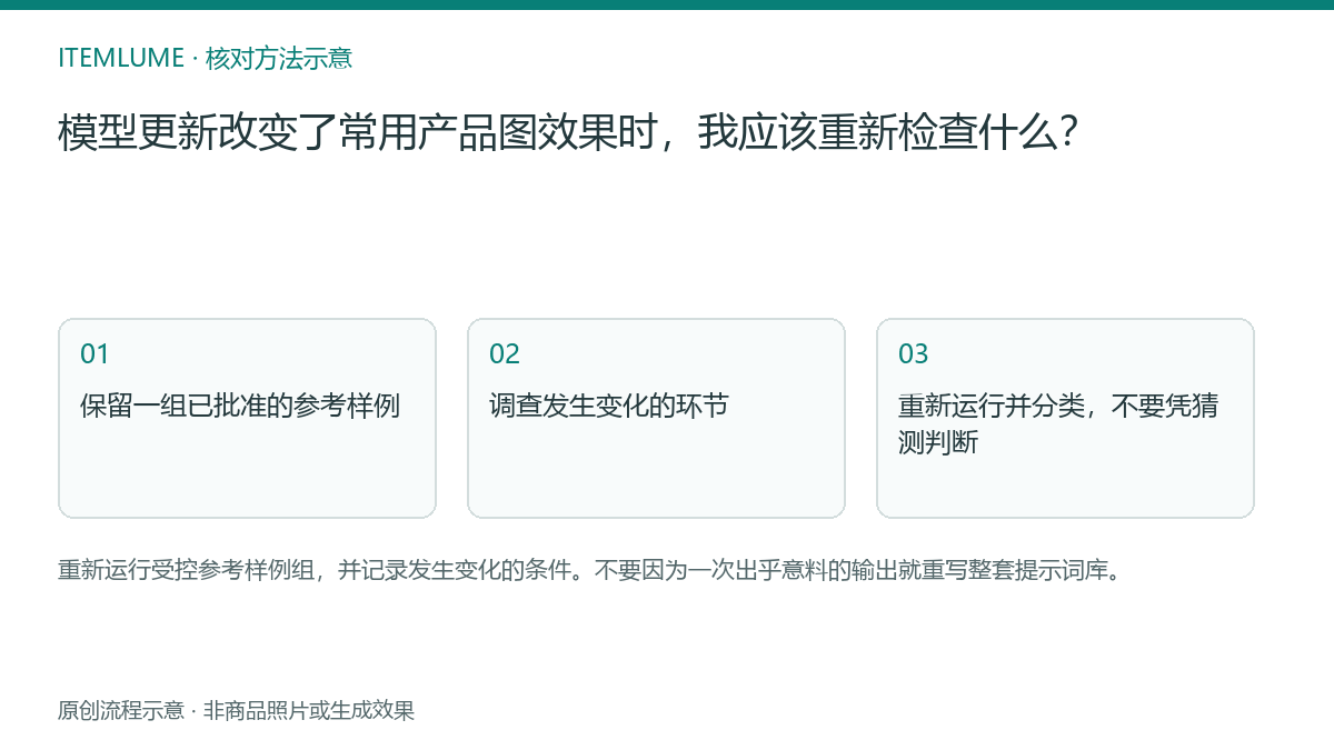 核对流程示意：模型更新改变了常用产品图效果时，我应该重新检查什么？