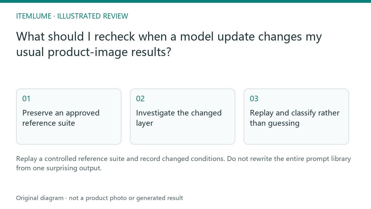 Illustrated review route: What should I recheck when a model update changes my usual product-image results?