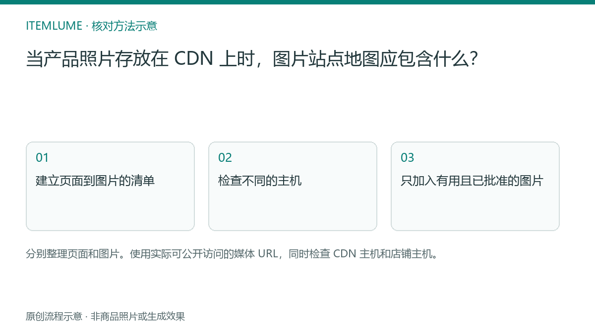 核对流程示意：当产品照片存放在 CDN 上时，图片站点地图应包含什么？