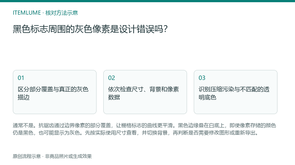 核对流程示意：黑色标志周围的灰色像素是设计错误吗？