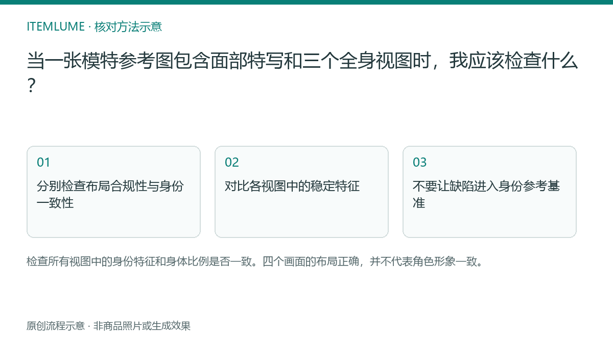 核对流程示意：当一张模特参考图包含面部特写和三个全身视图时，我应该检查什么？