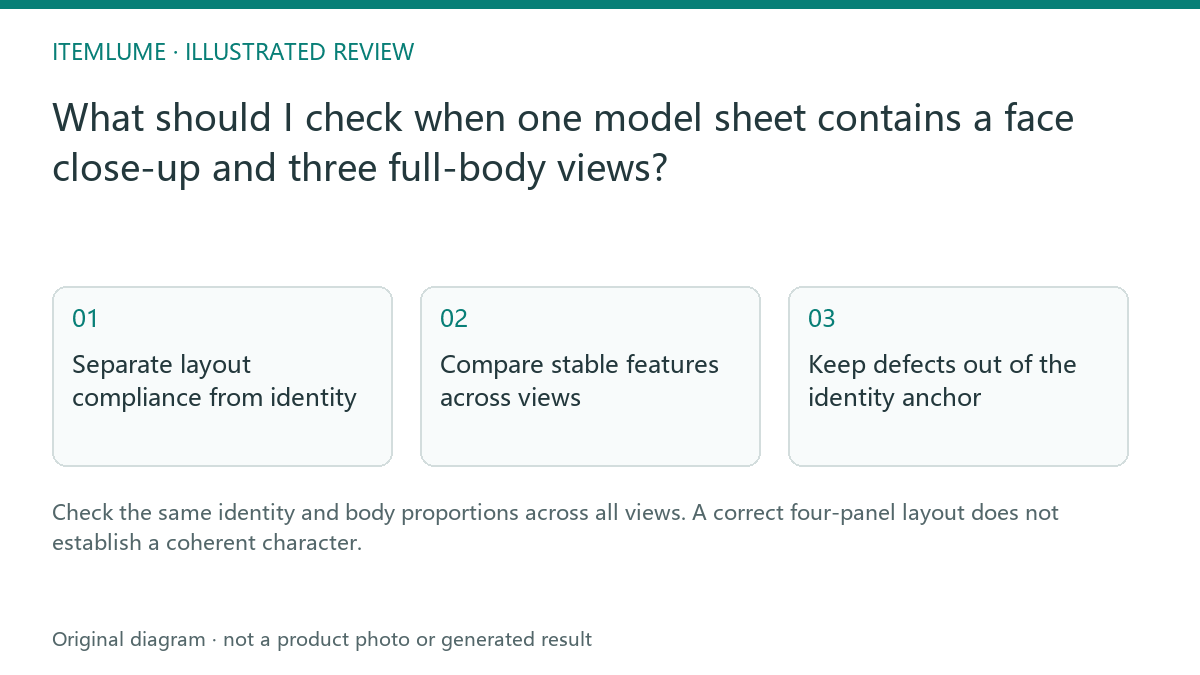 Illustrated review route: What should I check when one model sheet contains a face close-up and three full-body views?
