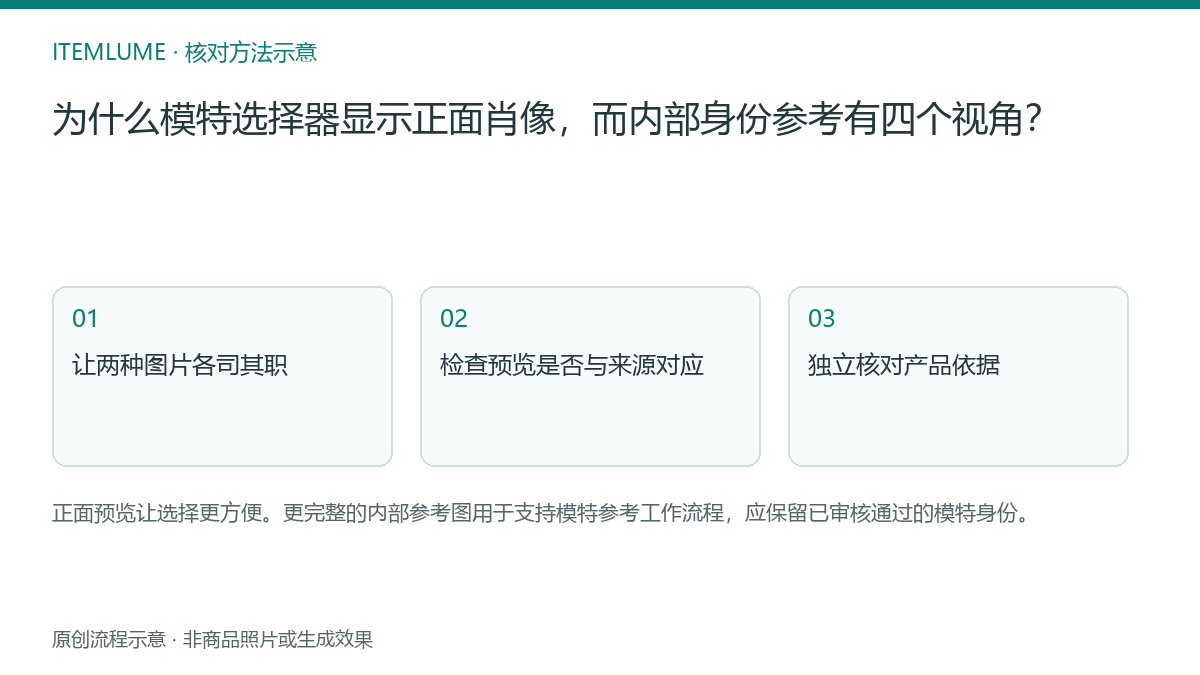 核对流程示意:为什么模特选择器显示正面肖像,而内部身份参考有四个视角?