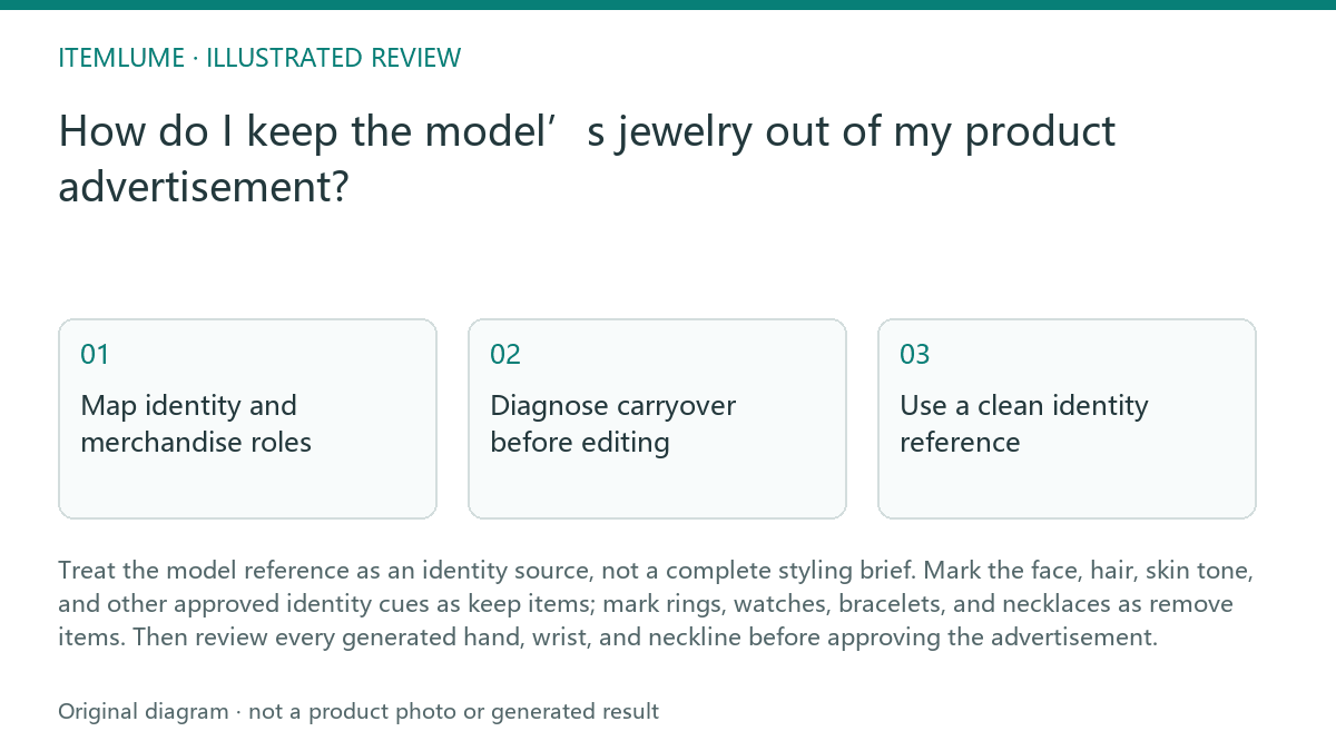 Illustrated review route: How do I keep the model’s jewelry out of my product advertisement?
