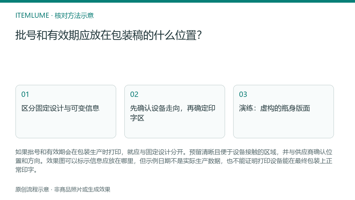 核对流程示意:批号和有效期应放在包装稿的什么位置?