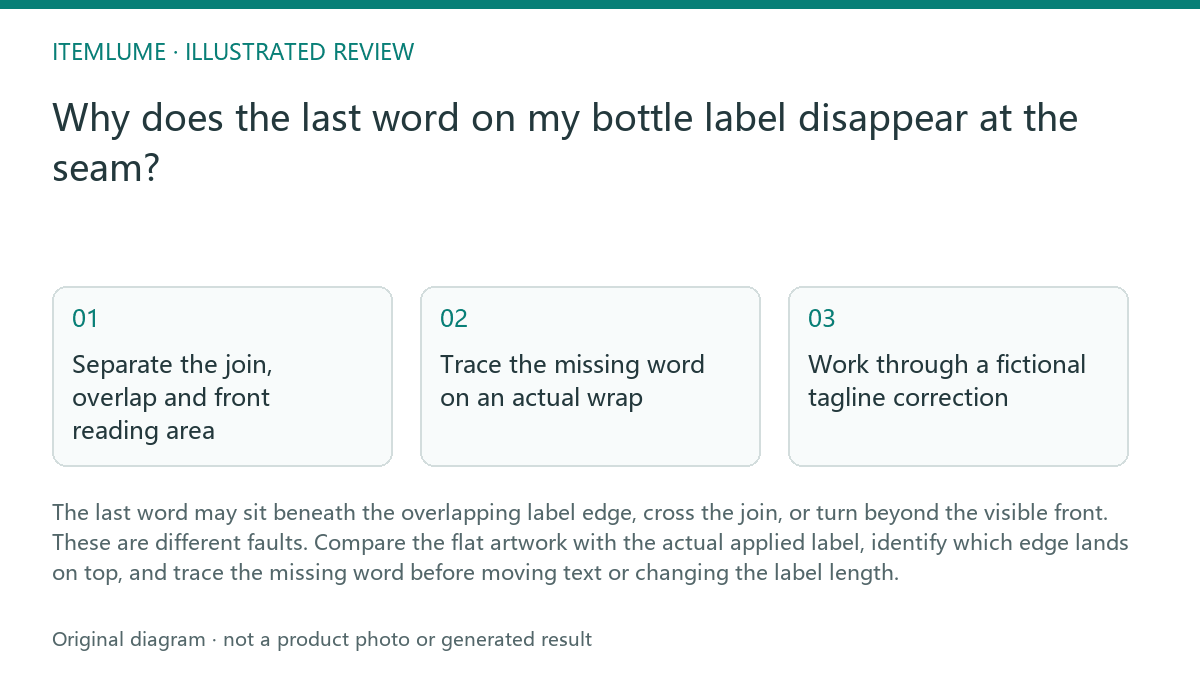Illustrated review route: Why does the last word on my bottle label disappear at the seam?