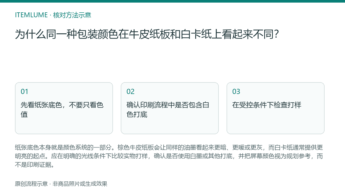 核对流程示意:为什么同一种包装颜色在牛皮纸板和白卡纸上看起来不同?