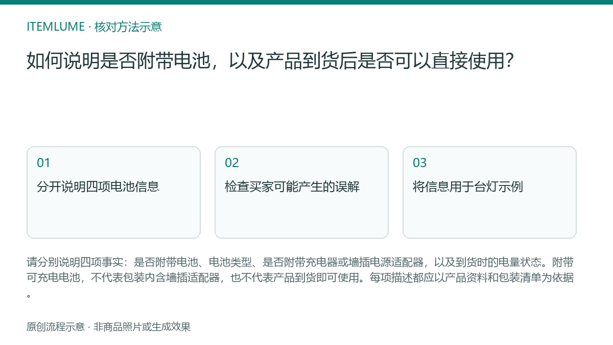 核对流程示意：如何说明是否附带电池，以及产品到货后是否可以直接使用？