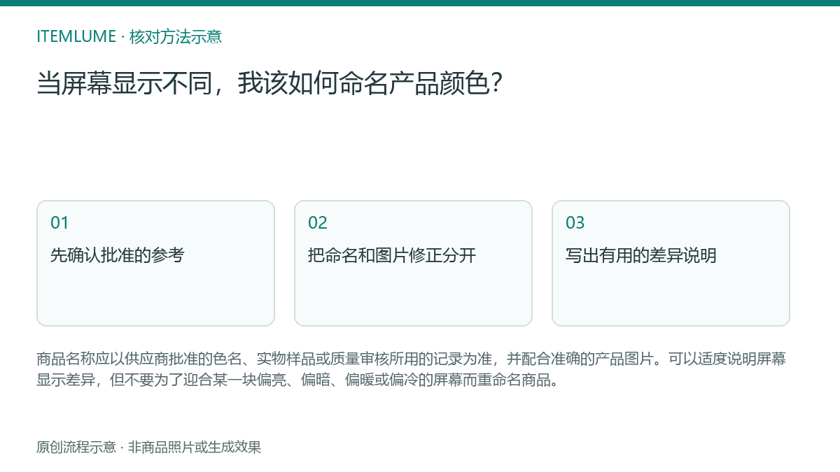 核对流程示意:当屏幕显示不同,我该如何命名产品颜色?