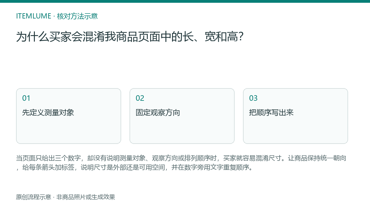 核对流程示意：为什么买家会混淆我商品页面中的长、宽和高？