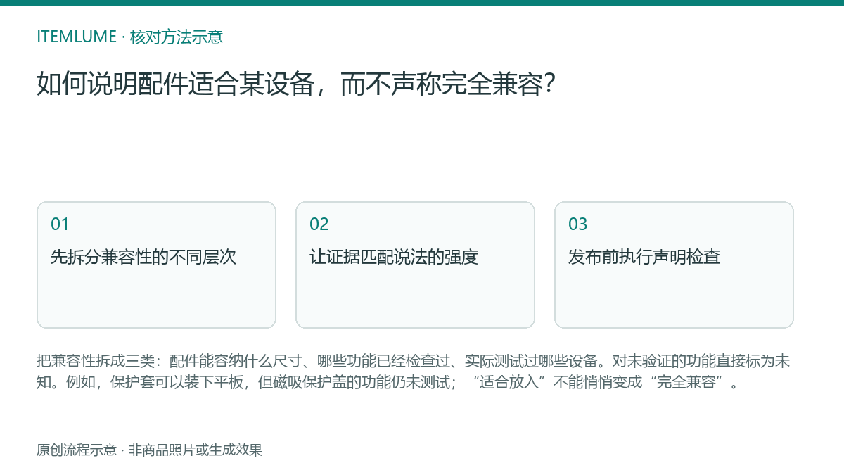 核对流程示意：如何说明配件适合某设备，而不声称完全兼容？