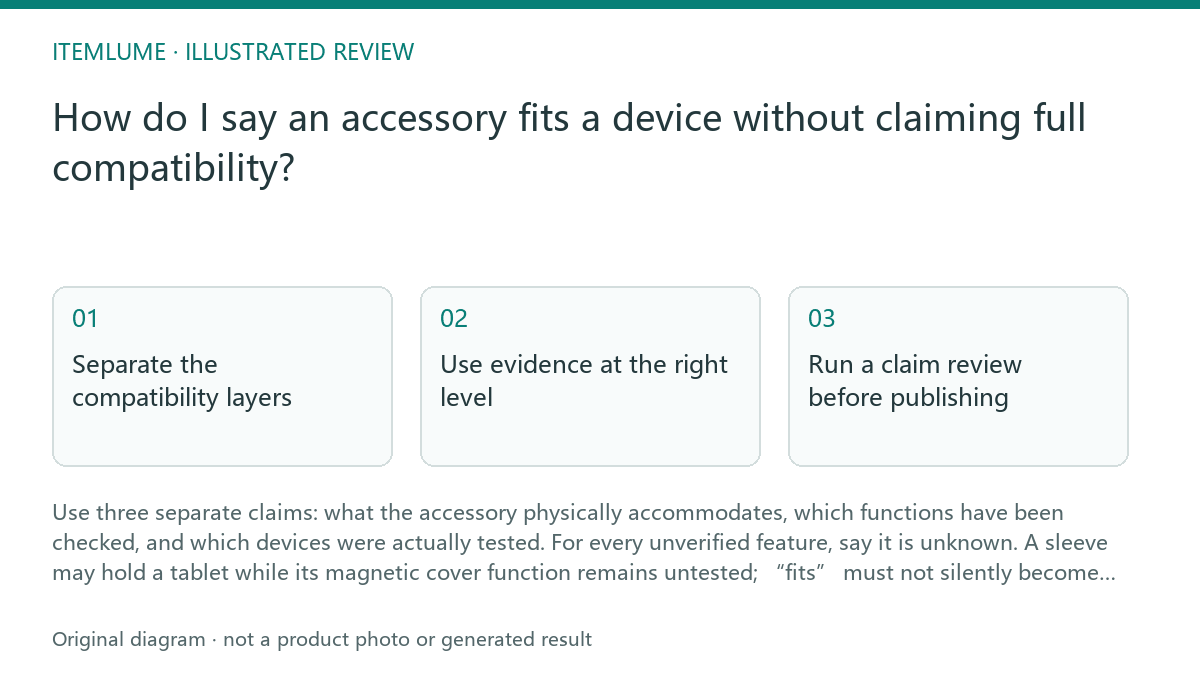 Illustrated review route: How do I say an accessory fits a device without claiming full compatibility?