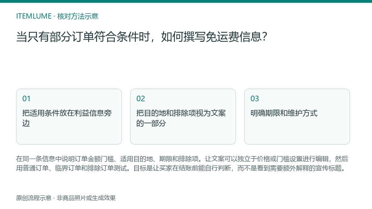 核对流程示意：当只有部分订单符合条件时，如何撰写免运费信息？