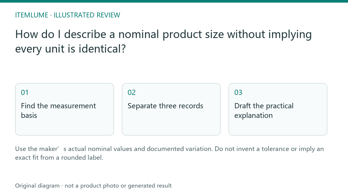 Illustrated review route: How do I describe a nominal product size without implying every unit is identical?