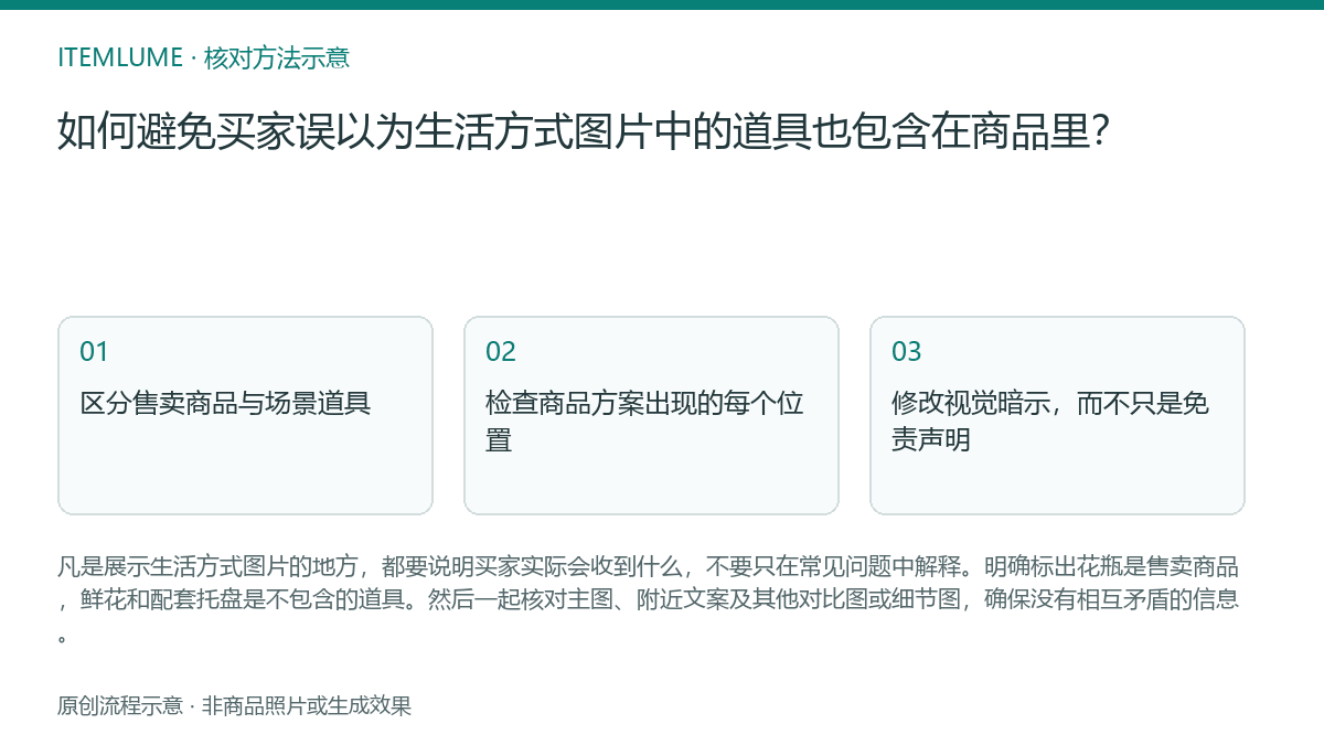 核对流程示意：如何避免买家误以为生活方式图片中的道具也包含在商品里？