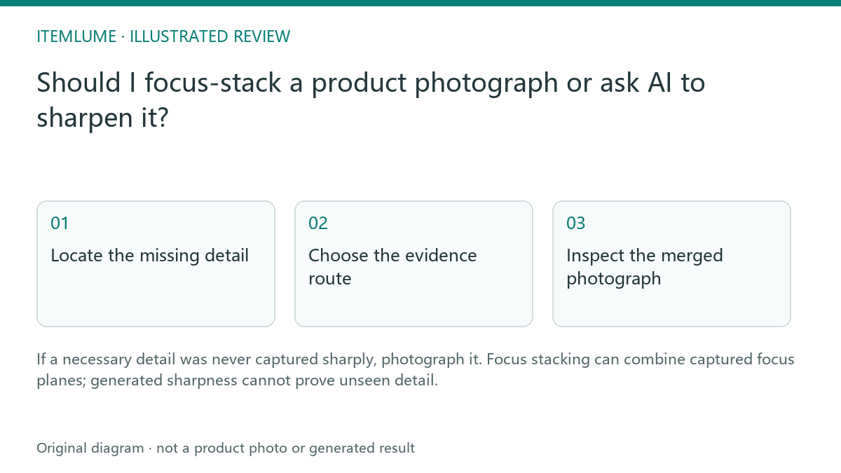 Illustrated review route: Should I focus-stack a product photograph or ask AI to sharpen it?
