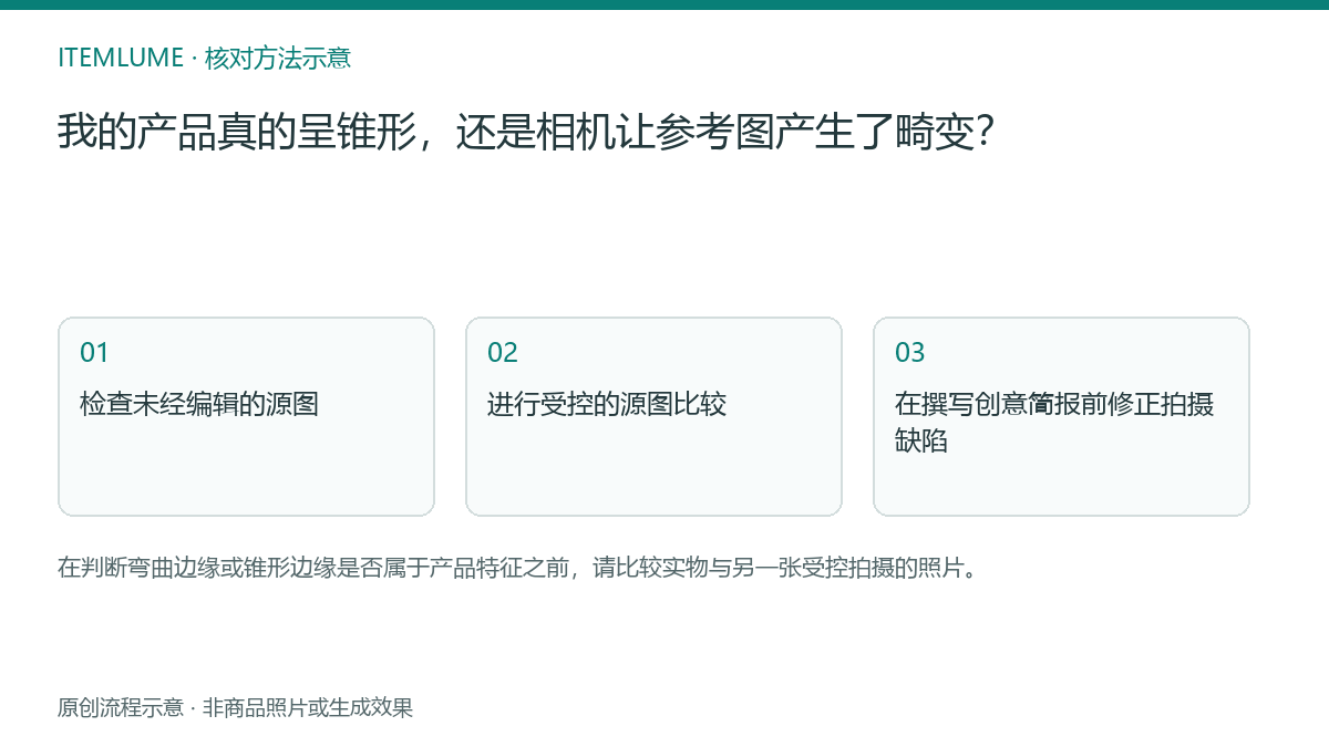 核对流程示意:我的产品真的呈锥形,还是相机让参考图产生了畸变?