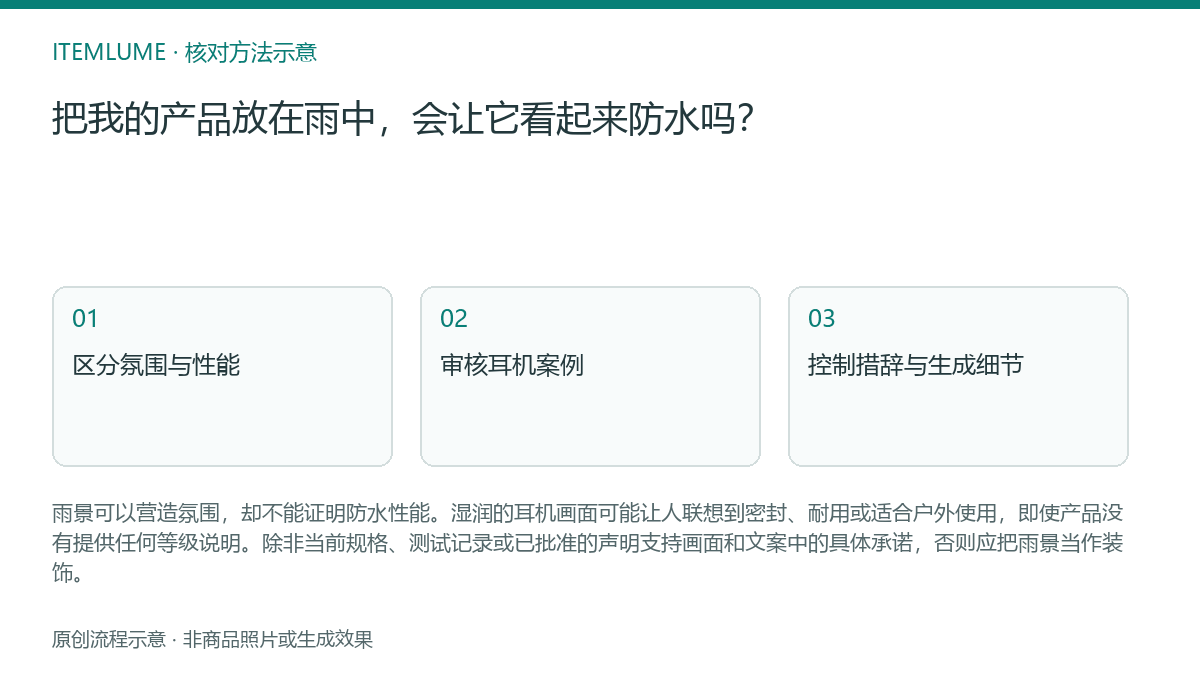 核对流程示意：把我的产品放在雨中，会让它看起来防水吗？