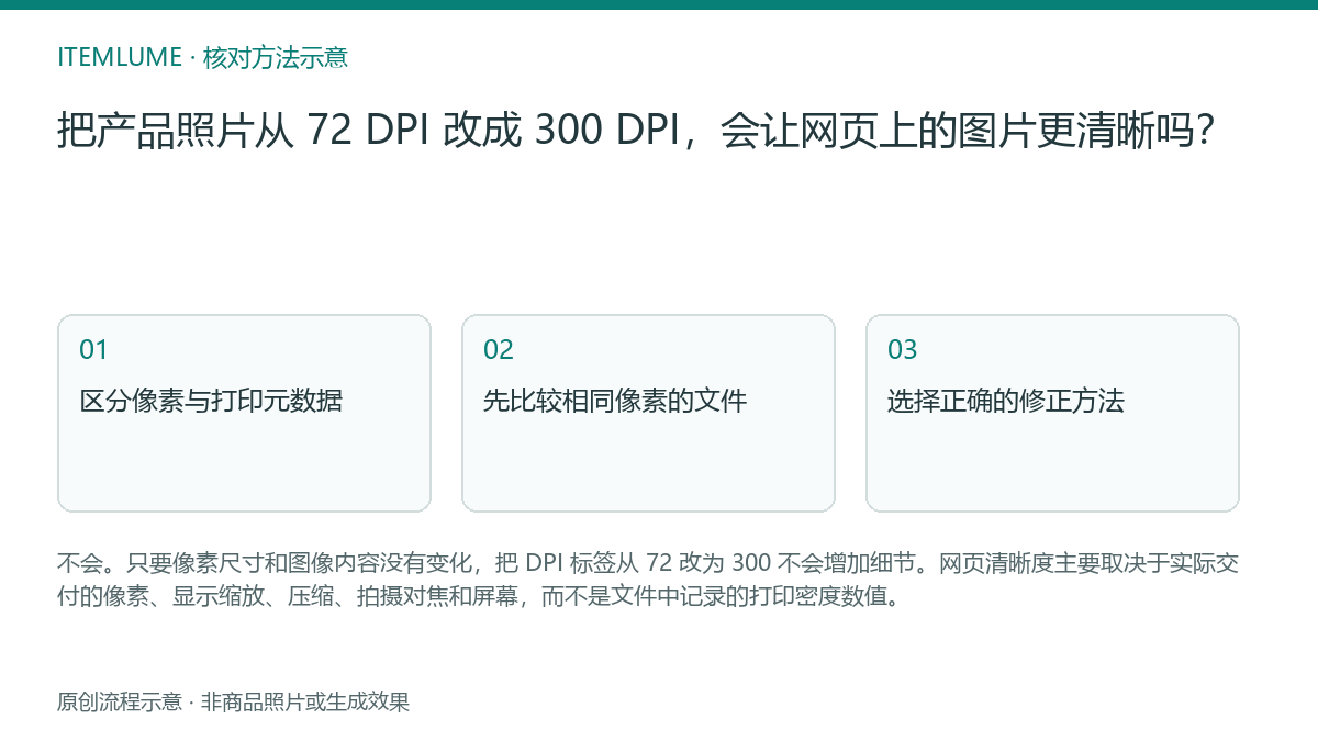 核对流程示意：把产品照片从 72 DPI 改成 300 DPI，会让网页上的图片更清晰吗？