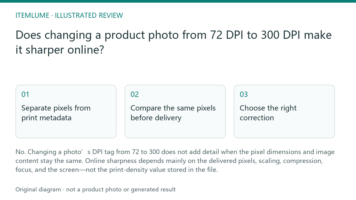 Illustrated review route: Does changing a product photo from 72 DPI to 300 DPI make it sharper online?