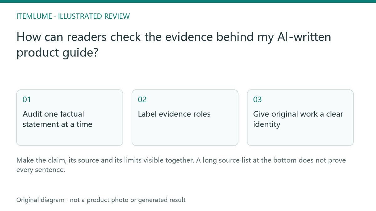 Illustrated review route: How can readers check the evidence behind my AI-written product guide?