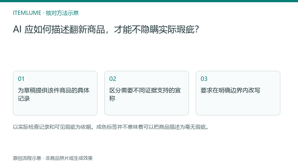 核对流程示意：AI 应如何描述翻新商品，才能不隐瞒实际瑕疵？