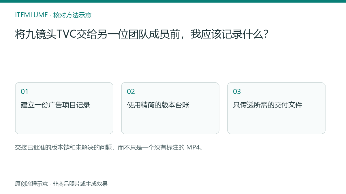 核对流程示意：将九镜头TVC交给另一位团队成员前，我应该记录什么？