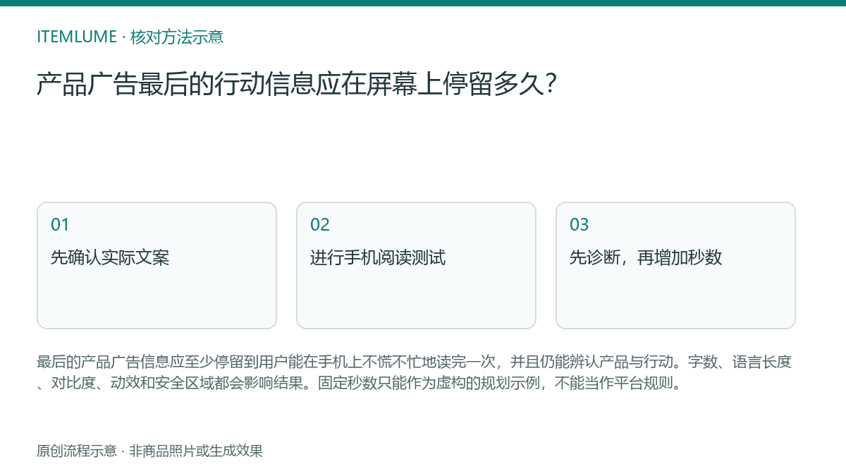 核对流程示意：产品广告最后的行动信息应在屏幕上停留多久？