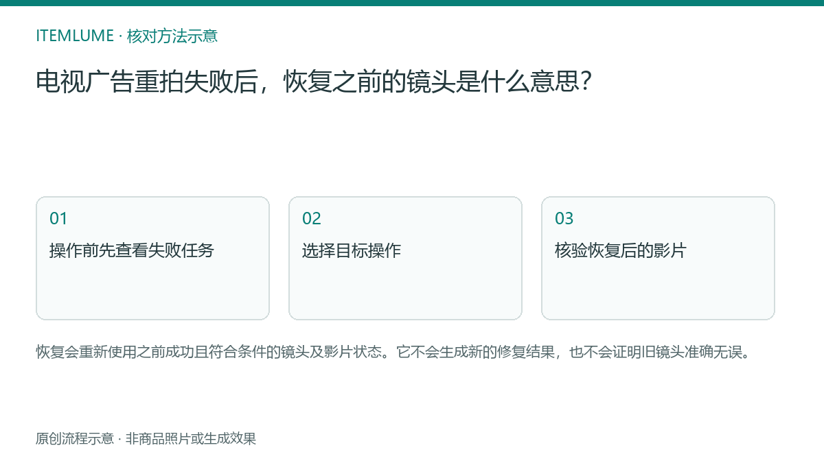 核对流程示意：电视广告重拍失败后，恢复之前的镜头是什么意思？