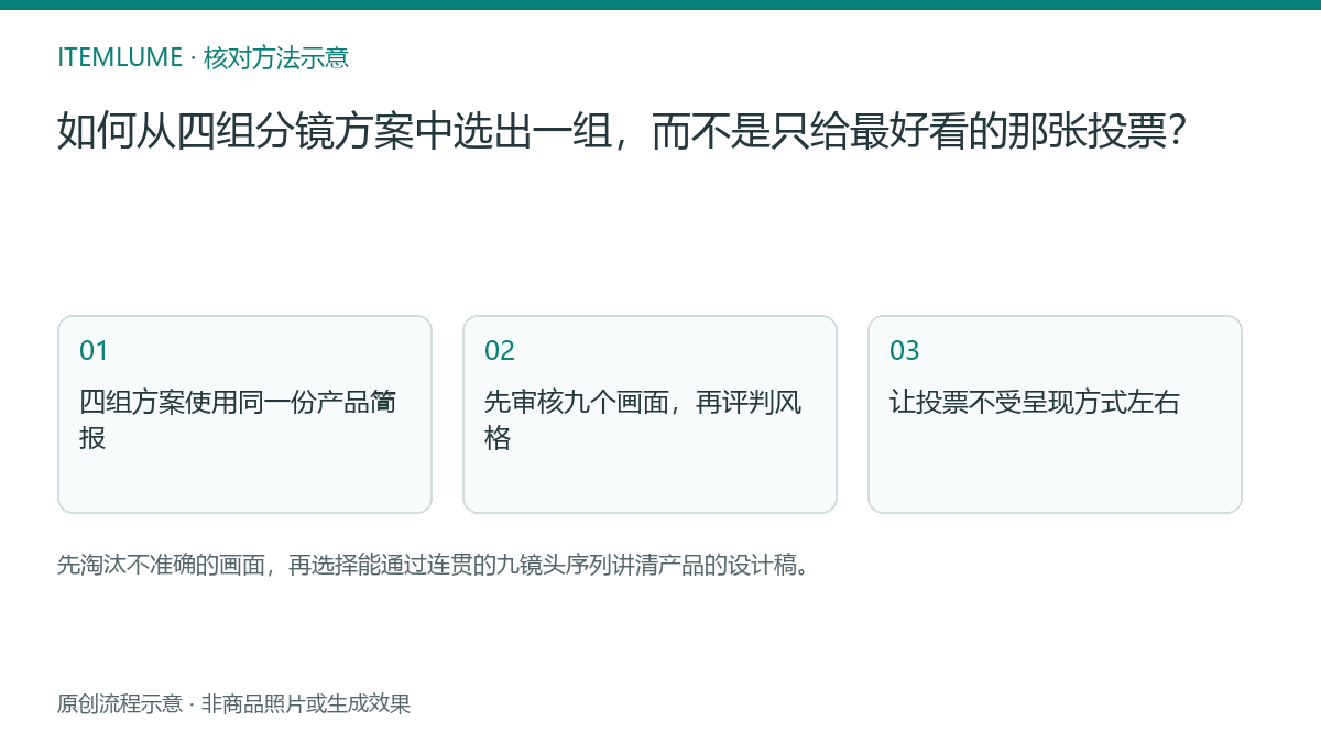 核对流程示意：如何从四组分镜方案中选出一组，而不是只给最好看的那张投票？
