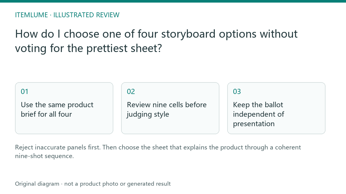 Illustrated review route: How do I choose one of four storyboard options without voting for the prettiest sheet?