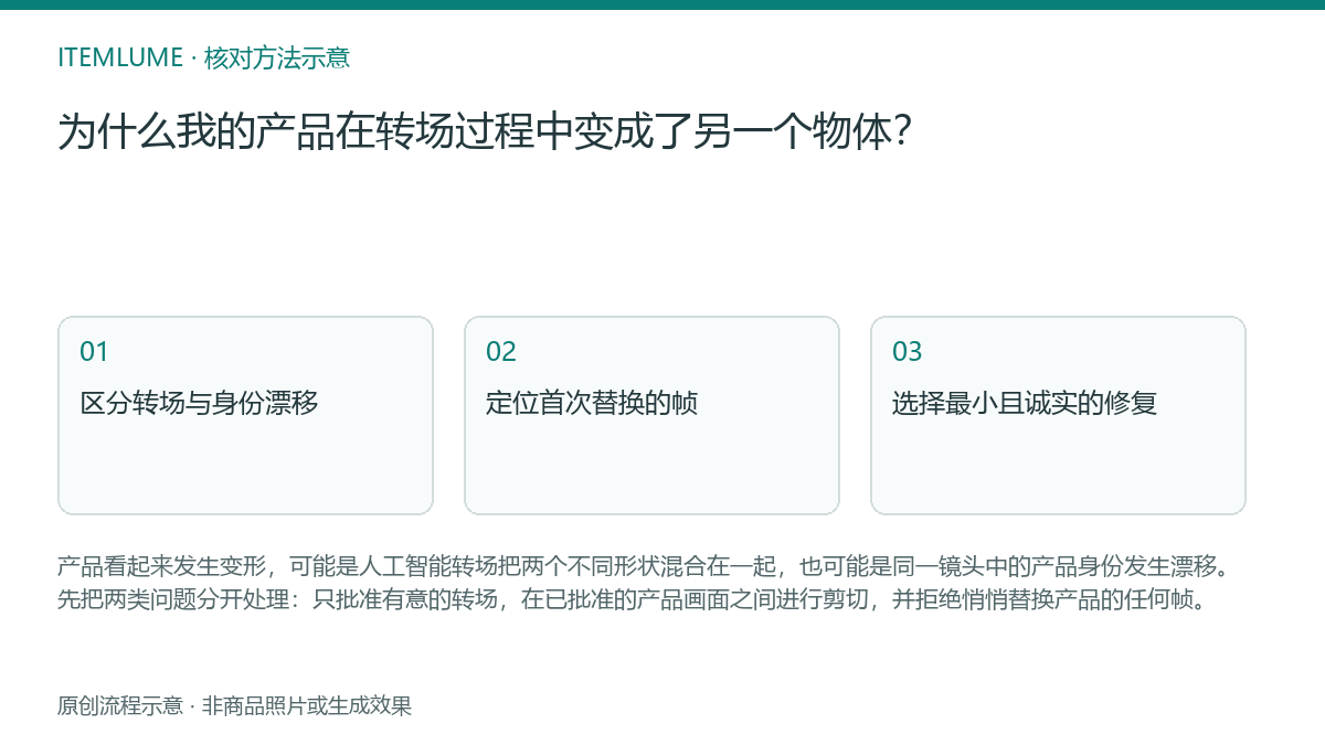 核对流程示意：为什么我的产品在转场过程中变成了另一个物体？