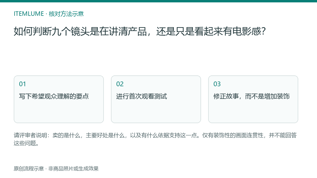 核对流程示意：如何判断九个镜头是在讲清产品，还是只是看起来有电影感？