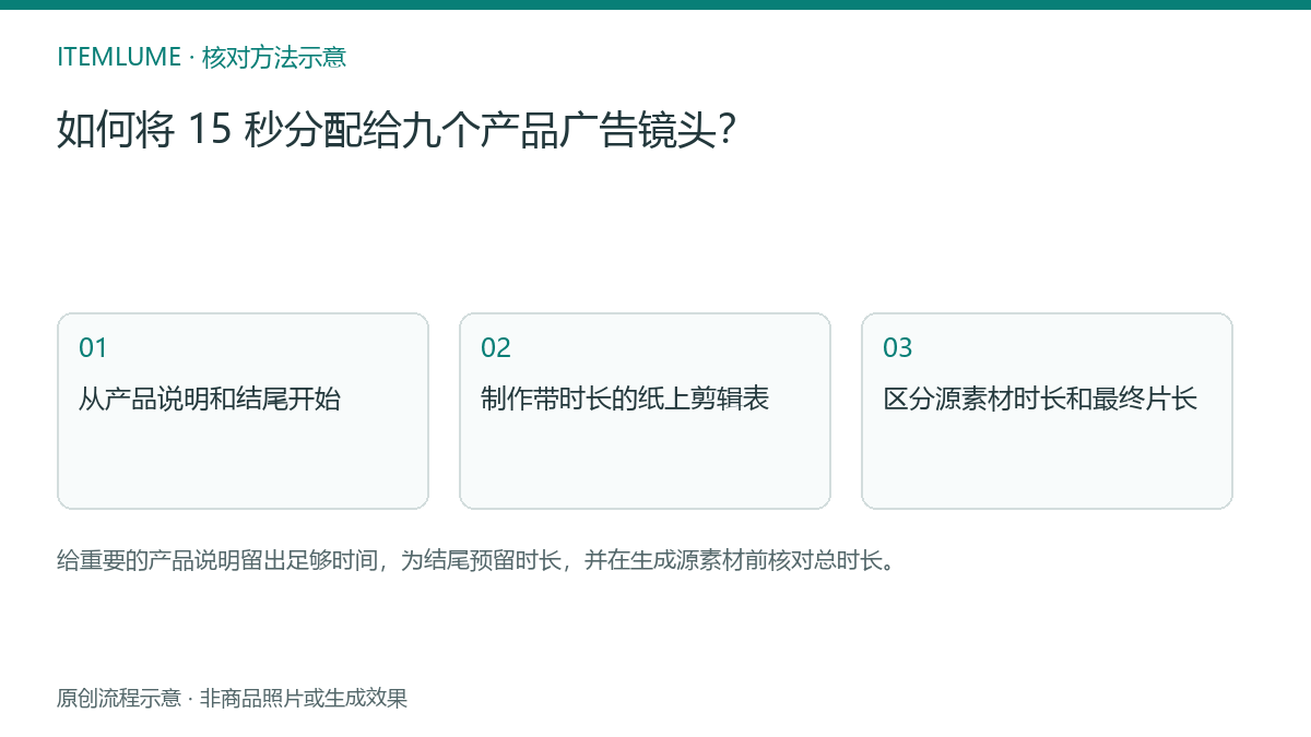 核对流程示意：如何将 15 秒分配给九个产品广告镜头？