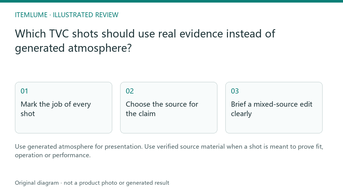 Illustrated review route: Which TVC shots should use real evidence instead of generated atmosphere?