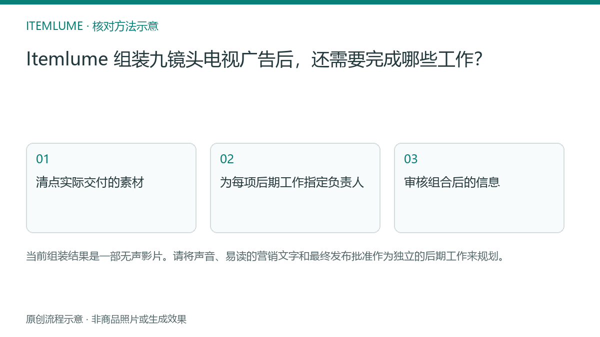 核对流程示意：Itemlume 组装九镜头电视广告后，还需要完成哪些工作？