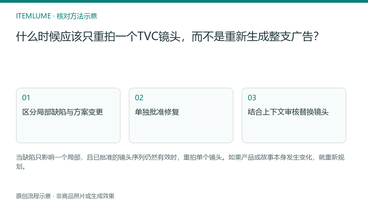核对流程示意：什么时候应该只重拍一个TVC镜头，而不是重新生成整支广告？