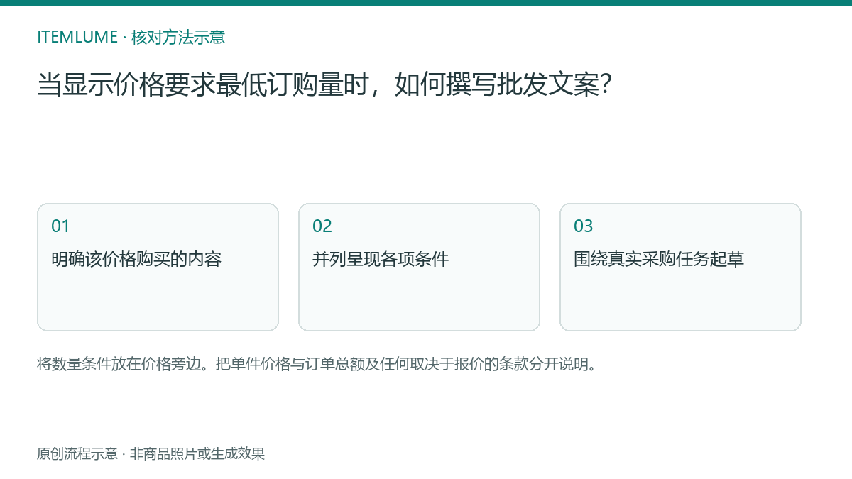 核对流程示意:当显示价格要求最低订购量时,如何撰写批发文案?